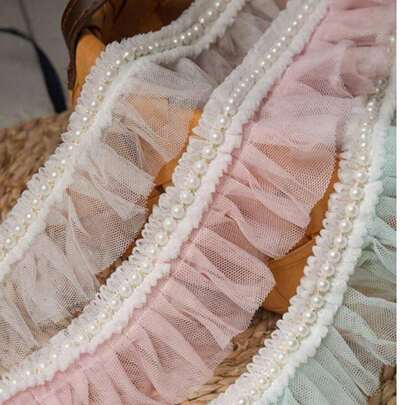 1 dải ren xếp ly đính ngọc trai, phụ kiện may viền ren thêu dùng để tự làm tay áo và cổ áo.