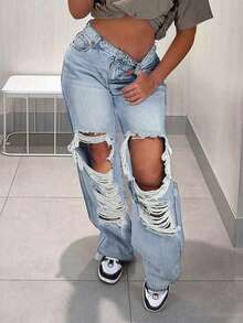 Quần jeans nữ dáng ngắn, thanh lịch, phong cách đường phố, sang trọng, năng động, trẻ trung, gợi cảm, rách rưới, kiểu retro, ống thẳng, dáng rộng, đã giặt, dành cho người nhỏ nhắn, mùa xuân. - Màu xanh chiên nhạt - Xem 3