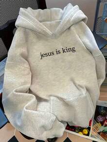 Plus Size Women's Winter Casual Sports Hoodie, Women's Christian Faith Hoodie Jesus Is King In White With Black Lettering - Loose Casual Pullover Sweatshirt, Suitable All-Season Wear And Everyday Religious Attire, Washable Jesus Is King Sweater - Religious Faith Inspired Apparel - 淺灰色 - 查看 6