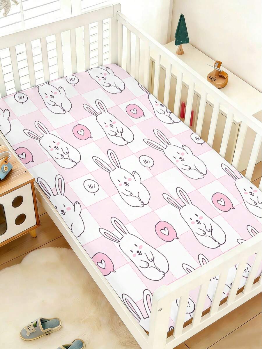 1PC Baby Bedding, Cute Rabbit Pattern Baby Single Bed Sheet With 110g Pink Checkered Background, Polyester Material, Digital Printing, Suitable For Baby Holiday Gifts, Bedroom Baby Crib In All Seasons, No Pillowcase - Multicolor - View 1