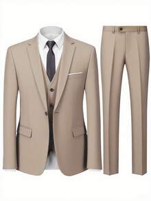 Men'S Three-Piece Suit - Suitable For Both Formal And Casual Business Occasions Featuring A Slim Fit, Non-Stretch Material, Long Sleeves, Lapel Collar, And Solid Color, Ideal For Weddings, Work Uniforms, And Holiday Presents - 卡其色 - 查看 3