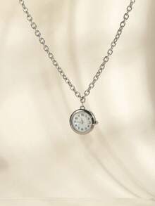 1pc Creative Round Quartz Watch Pendant Necklace, Unisex For Everyday And Party Wear - 復古銀色 - 查看 12