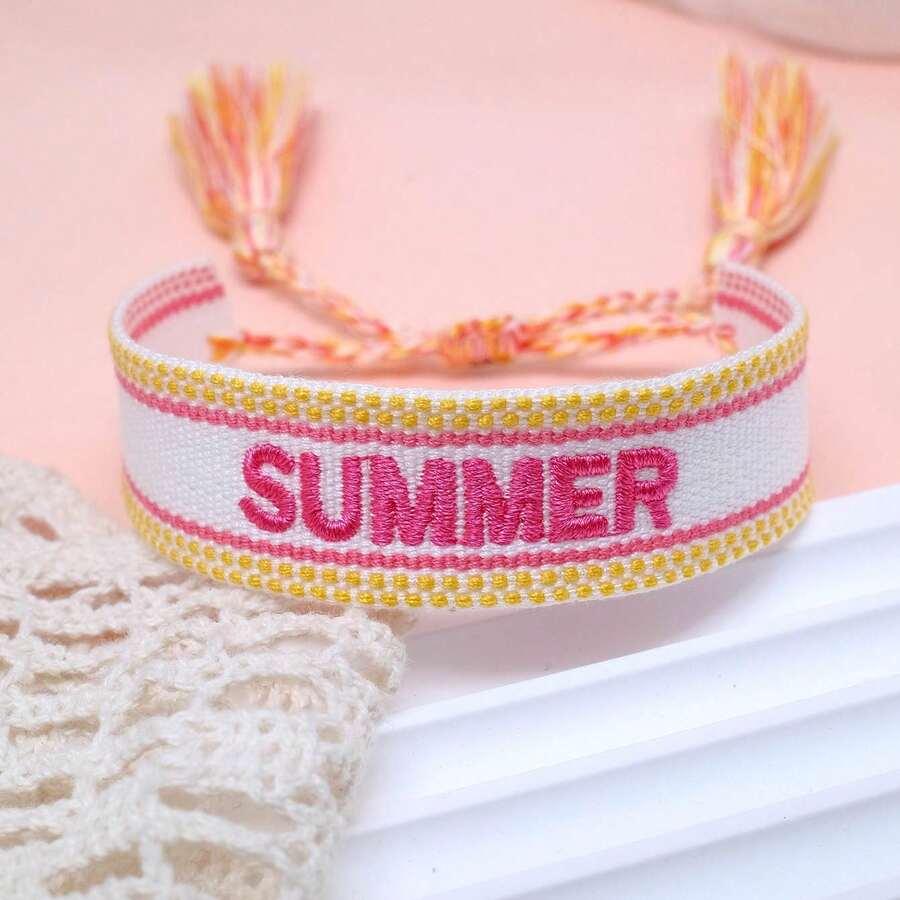 1条复古刺绣“SUMMER”字样手工编织波西米亚风手链，适合送给家人、朋友、学生，也适合旅行和派对佩戴。 - 彩色 - 查看 1