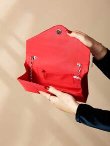 Fashion Satin Trim Evening Clutch Handbag Envelope Crossbody Bag - Red - View 6