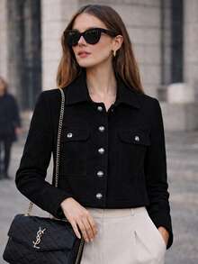 Women's Short Soft Bomber Jacket, Elegant With Front Buttons, Functional Pockets, Fitted Sleeves, Winter/Autumn Fashion, Casual Chic Look, Comfortable And Modern. - màu đen - Xem 4