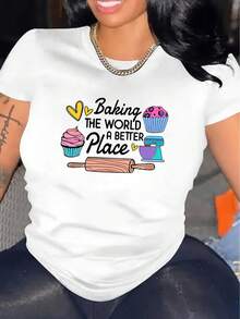 Women's Casual Sports T-Shirt, Round Neck, Short Sleeve, Cake Making Pattern Print, Comfortable Holiday Summer Top - trắng - Xem 6