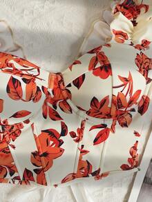 Orange Floral Print Ruffle Strap Corset Top - Orange - View 4