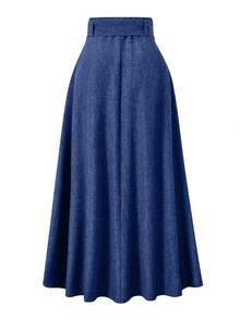 EARO 女士高腰显瘦灰色百搭优雅宽松日常通勤休闲设计弹性腰带可调节A字裙 春季款 - 藍色 - 查看 2