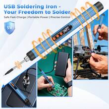 USB电烙铁套装，LCD数字可调温，HX7 ILIBILIB 5V 8W 260-420°C，30分钟无线快速加热，自动断电，3个烙铁头，吸锡泵，吸锡线，剥线钳，2个镊子，绝缘胶带，支架，皮套 - 深藍 - 查看 4