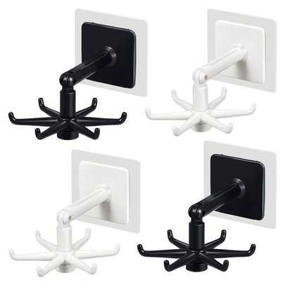 1个360°旋转可折叠挂钩多功能置物架，带6个挂钩，180°垂直翻转自粘挂钩，适用于厨房、浴室、橱柜