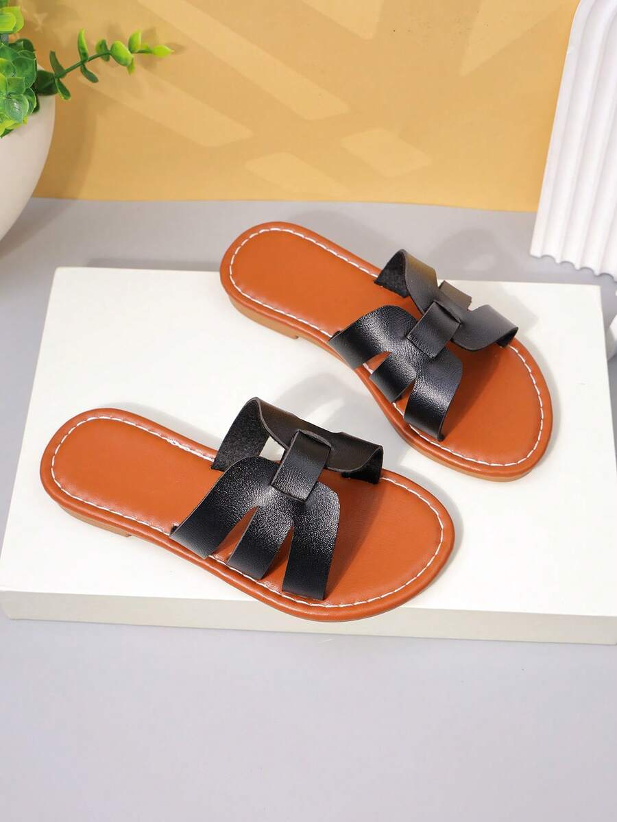 1 Pair Girls' Brown Retro Woven Slide Sandals For Casual Summer Wear - Black - View 1