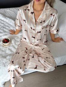 2pcs/Set Summer Happy Dog Print Polo Collar Short Sleeve Top And Pants Women Pajama Set - Apricot - View 3