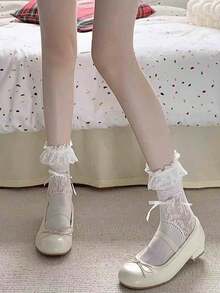 1 đôi tất mỏng kiểu ballet Lolita thắt nơ dành cho nữ, viền ren ngọt ngào, thích hợp cho mùa hè. - Nhiều màu - Xem 7