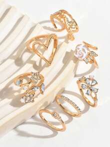 7件套优雅简约油滴花朵水晶心形金色戒指套装，适合度假、约会、派对、婚礼、节日、生日礼物，百搭日常佩戴 - 金黃色 - 查看 2