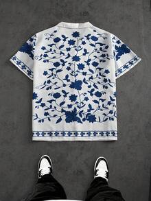 男士中国瓷器印花衬衫（带领和纽扣开合），夏季 - 藍白色 - 查看 2