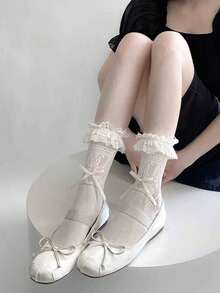 1 đôi tất mỏng kiểu ballet Lolita thắt nơ dành cho nữ, viền ren ngọt ngào, thích hợp cho mùa hè. - Nhiều màu - Xem 14