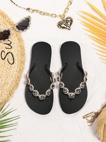 Evertop Surf Women's Flip Flops, Luxury Round Gemstone & Diamond Decor Chain, Summer Ladies Beach Slippers Soft Non-Slip, Thong Sandals For Holiday, Removable Decorative Chain, Original Design - Black - View 2