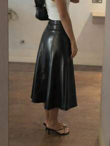Women's Side Invisible Zipper Faux Leather PU Mid-Length Skirt Black Spring - Black - View 2