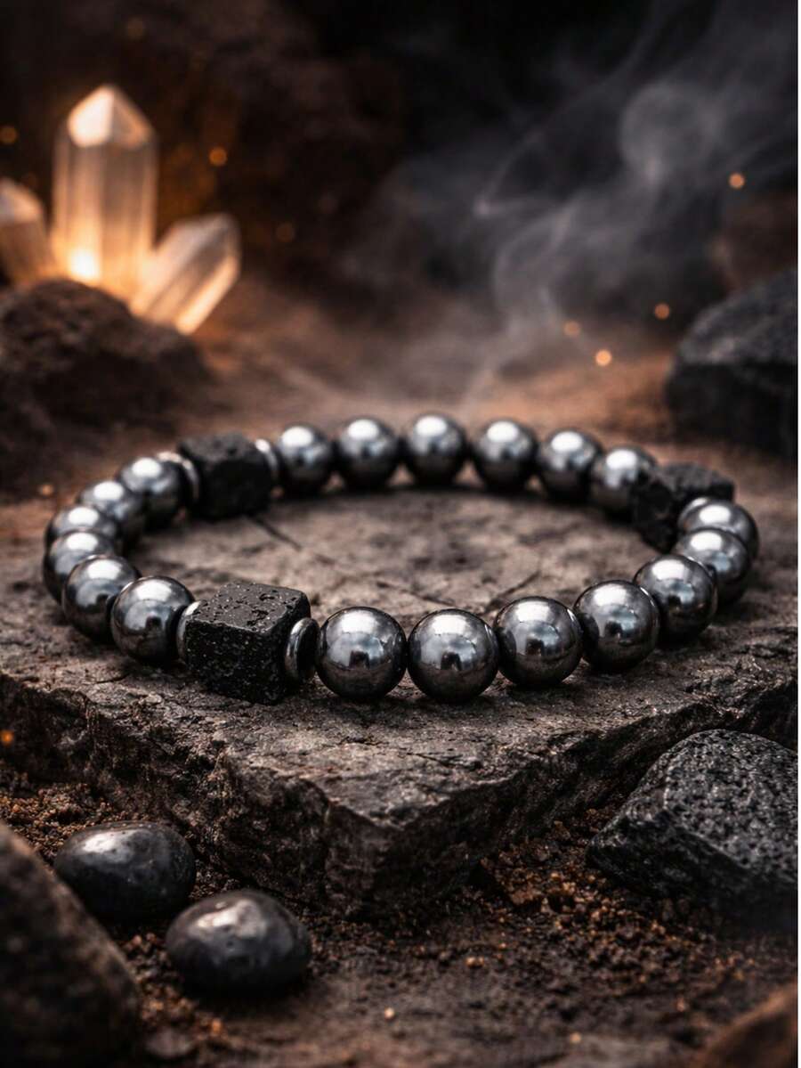 男士熔岩珠手链 舒缓压力 赤铁矿手链 接地疗愈 平静心绪 平衡能量 男士手链 - 黑色 - 查看 1