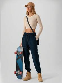 CZRLHYT Summer Cargo Pants For Women Sports Pants Baggy Stretchy Drawstring Ankle Y2K Streetwear With 3 Pockets, Going Out Casual Trousers For Outdoor Recreation And Vacation - Navy Blue - View 2