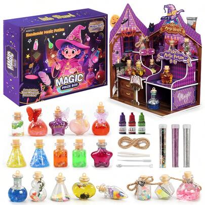 儿童魔法药水混合套装 - 魔法小屋，儿童DIY创意艺术工艺套装，女巫工艺，手工制作，适合6岁以上女孩，复活节、圣诞节、万圣节工艺品，女孩游戏玩具，生日礼物，节日装饰，礼品袋填充物