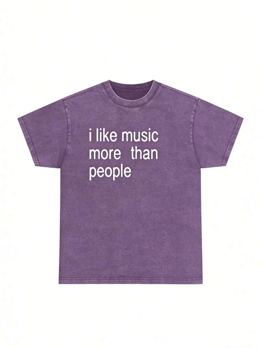 COCOC 2025 New Summer Loose Pattern Round Neck Shirt,Funny Quote Unisex Tee, I Like Music More Than People, Music Lover Shirt, Graphic Tee, Sarcastic Gift, Introvert Apparel, Humor Top - 深紫色 - 查看 1
