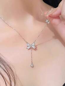1pc S925 Sterling Silver Elegant Zirconia Butterfly Tassel Necklace, Versatile & Graceful Daily Wear Gift For Women - Silver - View 6