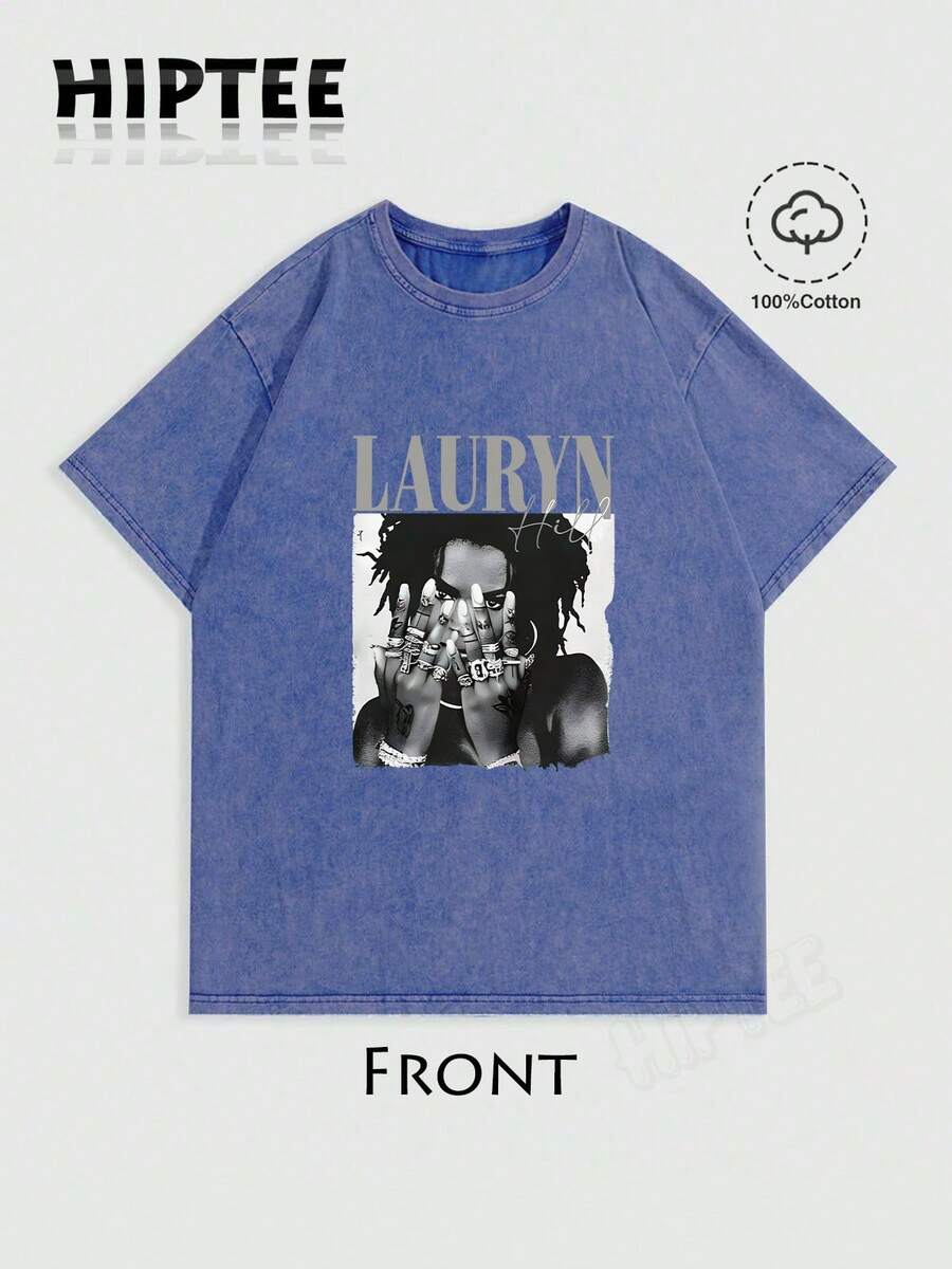 With Ring On Hand - 100% Cotton Women's T-Shirt Lauren Hill Letter Print Y2k Vintage Tee Casual Summer Plus Size Top - Niche Graffiti Prints Shirts - Washed - Blue - 查看 1