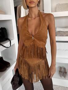 Roviva Women's Summer Fashion Casual Street Vintage Western Style Halter V-Neck Tank Top With Fringe Rivet Design And Super Short Shorts, 2-Piece Set, Suitable For Party, Beach, Outdoor Street Style, Daily Wear, Summer Holiday Casual Outfit - Brown - View 2