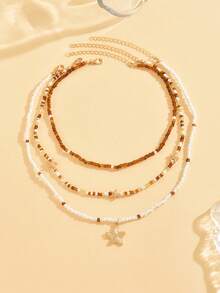 2pcs Handmade Beaded Bohemian Style Necklace Set With Large Starfish Pendant, Fashionable Versatile Choker Necklace, Suitable For Daily Wear, Travel And Party - Multicolor - View 2