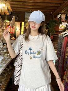 Japanese Style Loose Street Fashion Rabbit Graphic Print Short Sleeve T-Shirt, Summer Casual Vacation - Light Grey - View 2