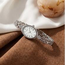 1-Piece Women's Watch: Roman Numeral Dial, Gold Strap, Retro-Chic Style, Quartz Movement With Diamond-Studded Bracelet Accents, Oval Bracelet-Style Watch, Perfect For Everyday Wear - Silver - View 6