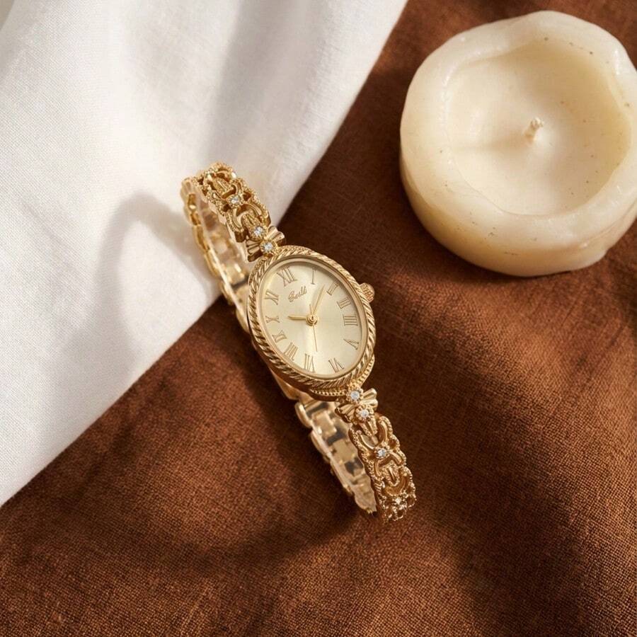 1-Piece Women's Watch: Roman Numeral Dial, Gold Strap, Retro-Chic Style, Quartz Movement With Diamond-Studded Bracelet Accents, Oval Bracelet-Style Watch, Perfect For Everyday Wear - Silver - View 1