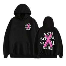 Anti Social Club Off-Oulder Cotton Sweatirt Men Women Casual  Floral Print Warm Moisture-Ng Hoodie Streetwear - 黑色 - 查看 2
