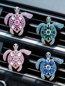 1/2/3pcs Alloy Rhinestone Colorful Gemstone Turtle Car Air Vent Clip Decor, Cute Car Interior Fragrance Clip - Multicolor - View 2