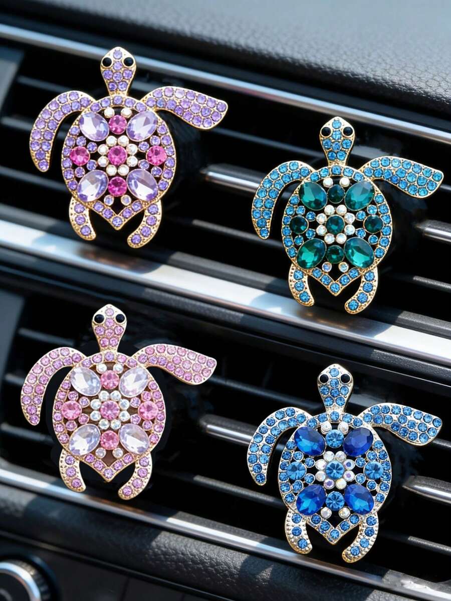 1/2/3pcs Alloy Rhinestone Colorful Gemstone Turtle Car Air Vent Clip Decor, Cute Car Interior Fragrance Clip