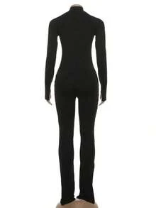 New Fashionable Personalized Street Style Commuter Tight Zip-Up Long Sleeve Jumpsuit Black Spring - Black - View 7