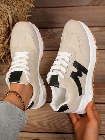 Women's Thick Sole Casual Shoes, Lace-Up Round Toe Soft Bottom Lightweight, Anti-Slip Hiking Running Chunky Sneakers