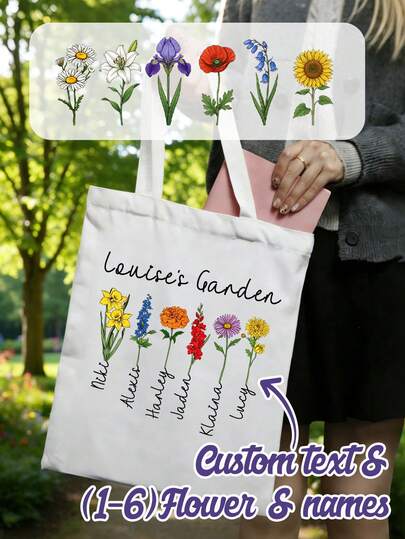 Bolsa de lona personalizada con flor de nacimiento, bolsa de mano de estilo jardín floral para compras, trabajo, viajes y artículos esenciales diarios, regalo personalizado de flores para el Día de la Madre, cumpleaños o aniversario, elegante bolsa de hombro reutilizable, bolsa de lona personalizable con nombre floral, bolsa de almacenamiento de lona personalizable
