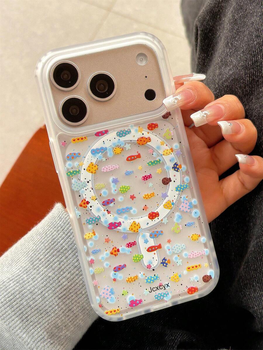 Y2K 可爱卡通波点鱼图案手机壳，兼容 17 Pro Max、17 Pro、17、16 Pro Max、16 Pro、16、15 Pro Max、15 Pro、14 Pro Max、14 Pro、13，奢华半透明磨砂磁吸无线充电后盖
