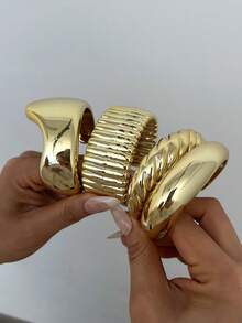 4/1 套装复古简约波浪形亚克力树脂材质手镯，适合女性日常佩戴，可叠戴，是节日送礼的完美之选 - 金色5 - 查看 3