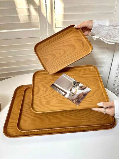 1个木纹塑料托盘，长方形餐盘，咖啡厅甜点盘，储物盘，蛋糕盘