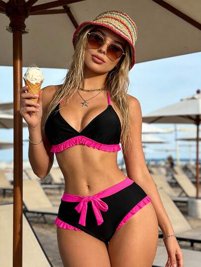 Atutua 撞色滚边比基尼套装，性感休闲系带荷叶边比基尼，适合海滩度假，夏季，黑色比基尼套装