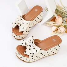 2026 女士凉鞋，黑白波点蝴蝶结厚底坡跟时尚凉鞋，女士时尚圆头套脚增高舒适凉鞋，适合春夏休闲、日常、派对穿着，可搭配连衣裙 - 白色 - 查看 15