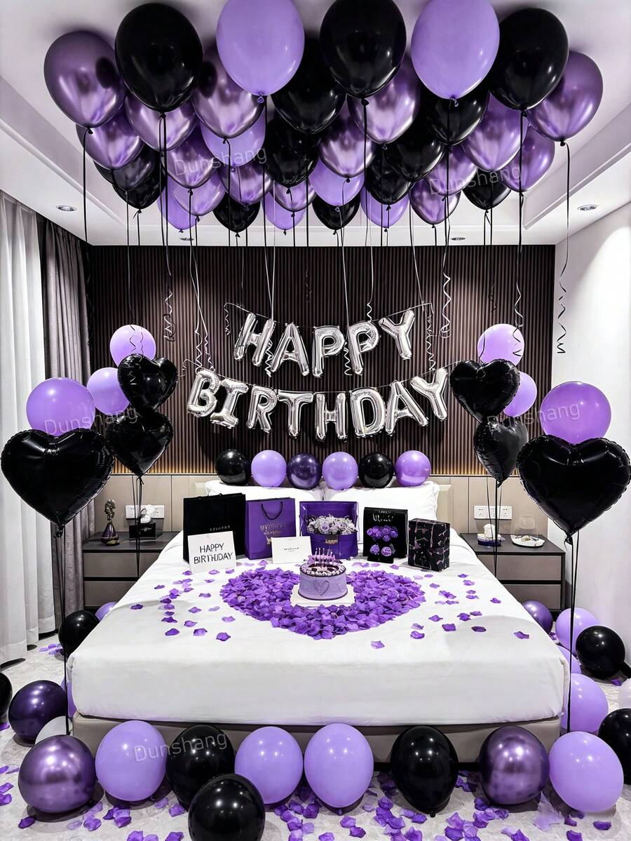 18-70pcs Women's Purple Birthday Decoration Set - Designed For Women's Birthday Celebrations, Silver "Happy Birthday" Banner, Black Heart-Shaped Foil Balloons, Soft Purple Thick Latex Balloons, Perfect For Birthday Party Decor, Anniversary, Hotel Midnight Birthday Party, Holiday Gifts, Party Supplies, Essential For Party Decoration.