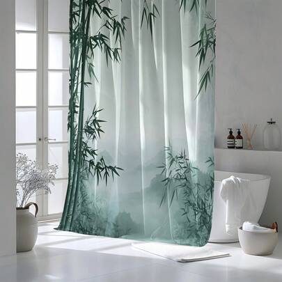 1 tấm rèm tắm in hình cây xanh, chất lượng cao, phù hợp với phòng tắm hiện đại, rèm tắm dùng được cả bốn mùa, kèm 12 móc treo.