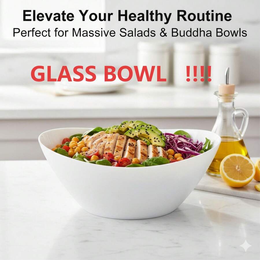 两件套66盎司大容量白色椭圆形沙拉碗，玻璃材质。多功能餐具套装，包含沙拉碗、汤碗、面条搅拌碗、蔬菜搅拌碗、燕麦粥碗和谷物碗。完美的圣诞礼物。 - 白色 - 查看 1