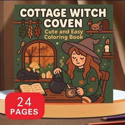 24页豪华加厚乡村风女巫集会涂色书，适合成人放松、家庭聚会和节日装饰（复活节、感恩节、圣诞节、新年、情人节），迷你单色成人涂色书，创意消遣，可爱设计，艺术插图，高品质印刷，光滑纸张，迷你素描本，手绘图案，家庭娱乐