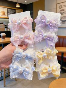 2 piezas Clips para el cabello con lazo y perla lindos para niñas, uso versátil diario, accesorios escolares, regalo para amigos - Multicolor - Ver 1