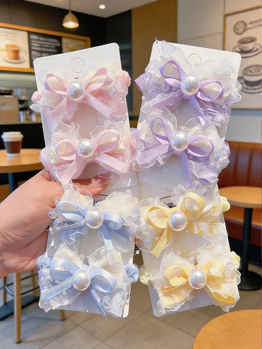 2 piezas Clips para el cabello con lazo y perla lindos para niñas, uso versátil diario, accesorios escolares, regalo para amigos - Multicolor - Ver 1